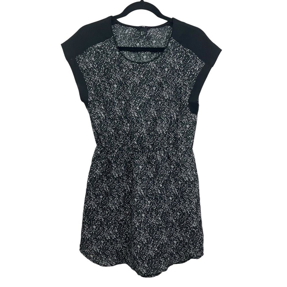 H&M Womens Mini Dress Round Neck Cap Sleeve Elastic Waist Lined Black White 4*